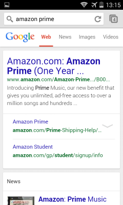 Prima schermata di risultati mobile per Amazon